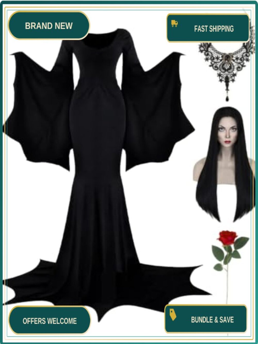 Morticia Addams Gothic Costume Dress Wig Necklace Halloween Cosplay